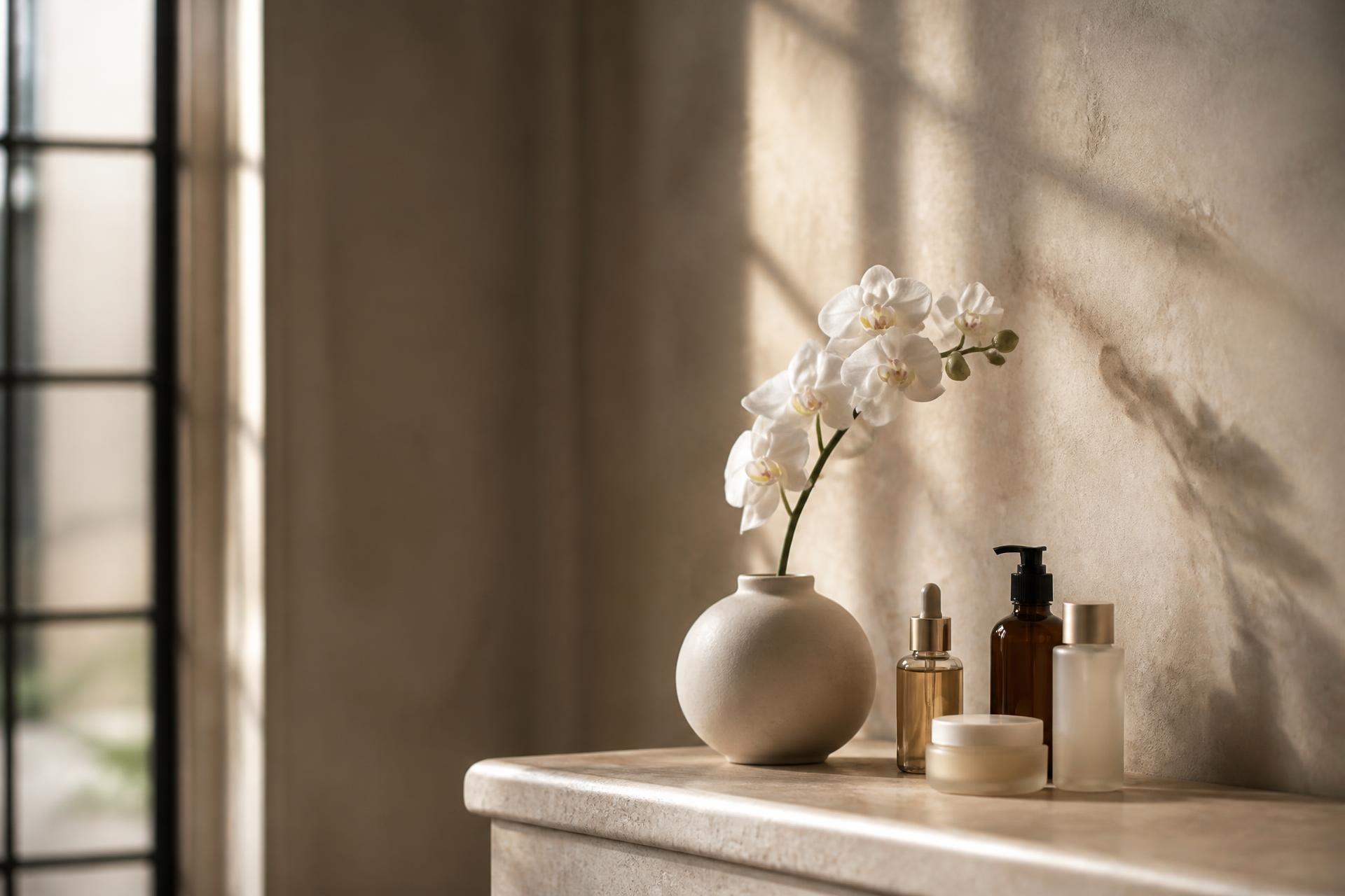 Luxury skincare serums, injectables, and spa treatments arranged on marble